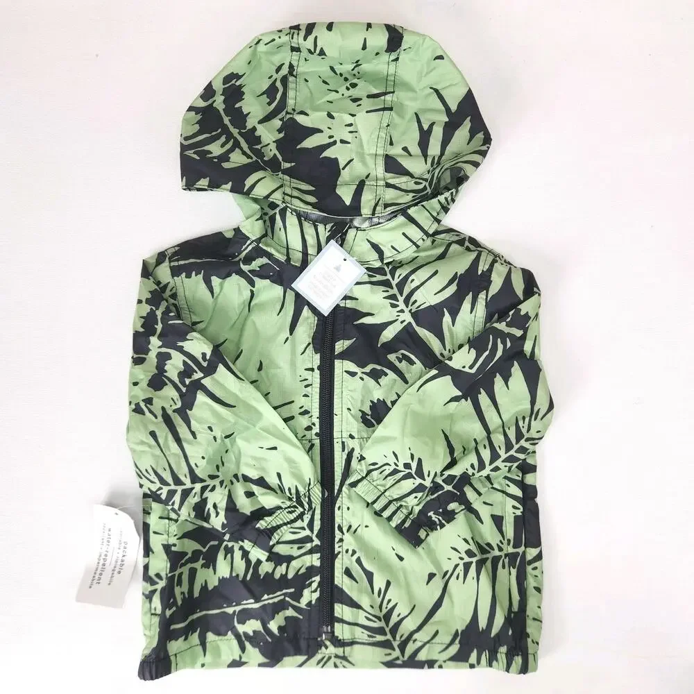 NWT Baby Gap Toddler Windbreaker Rain Jacket Hood Green Palms 12-18 M Zip Up